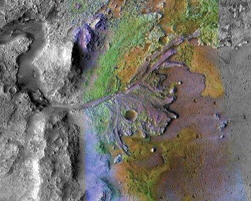 The old river delta in Jezero Crater on Mars, seen from orbit with its minerals coloured
